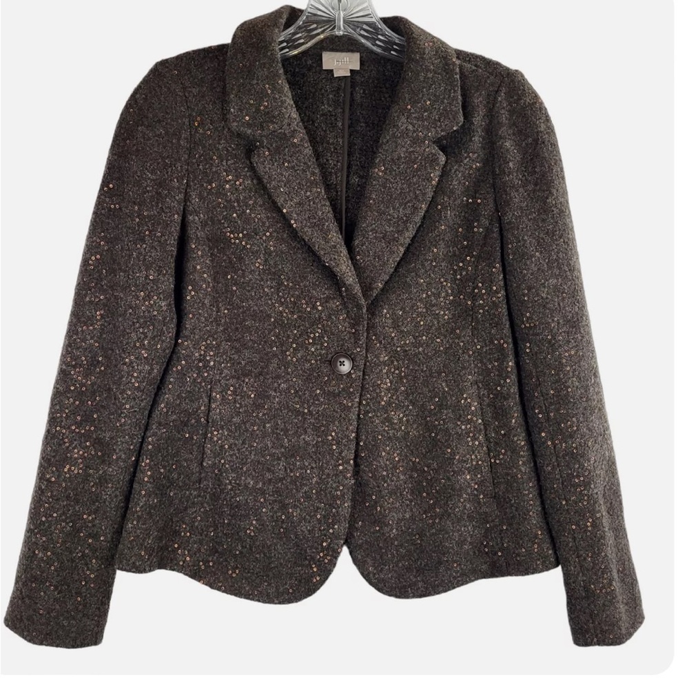 J Jill Brown Gold Speckled Wool Long Sleeve Blazer Jacket Sz L Women